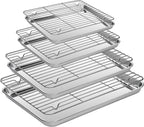 Juego de 8 bandejas para hornear de acero inoxidable para hornear con estante de enfriamiento, moldes pequeños/cuartos/gelatinas, 9/10/12/16 pulgadas, 0.031 in de grosor, resistentes, no