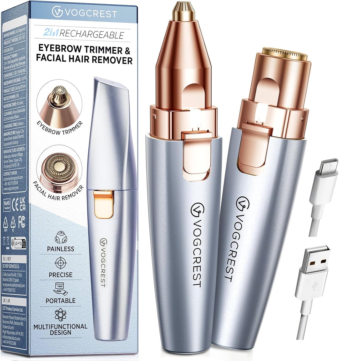 VG VOGCREST Afeitadora eléctrica para cejas y cara: 2 en 1 recargab...