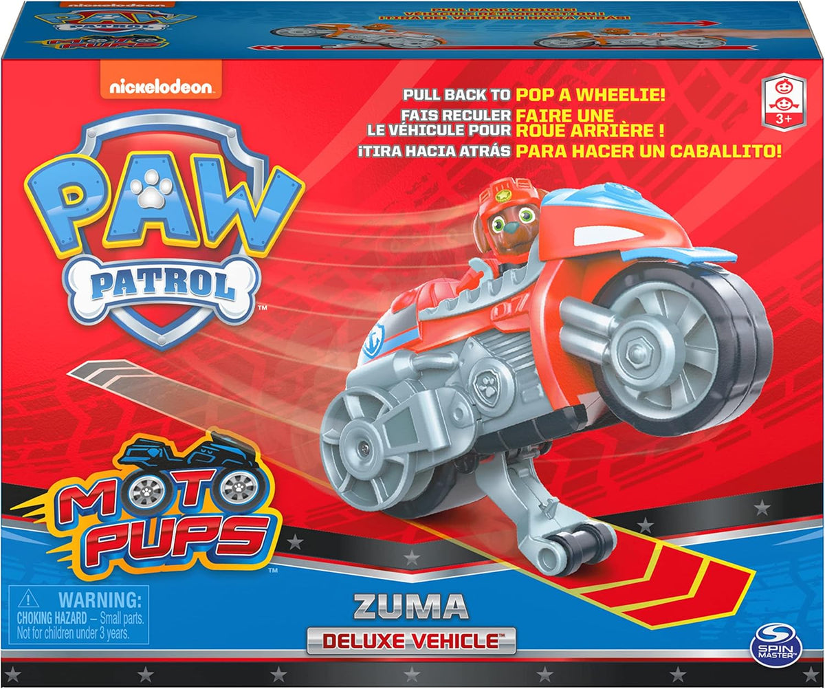 Paw Patrol, Moto Pups Moto Deluxe de Zuma, vehículo de motocicleta de tracción que hace piruetas y figura de juguete