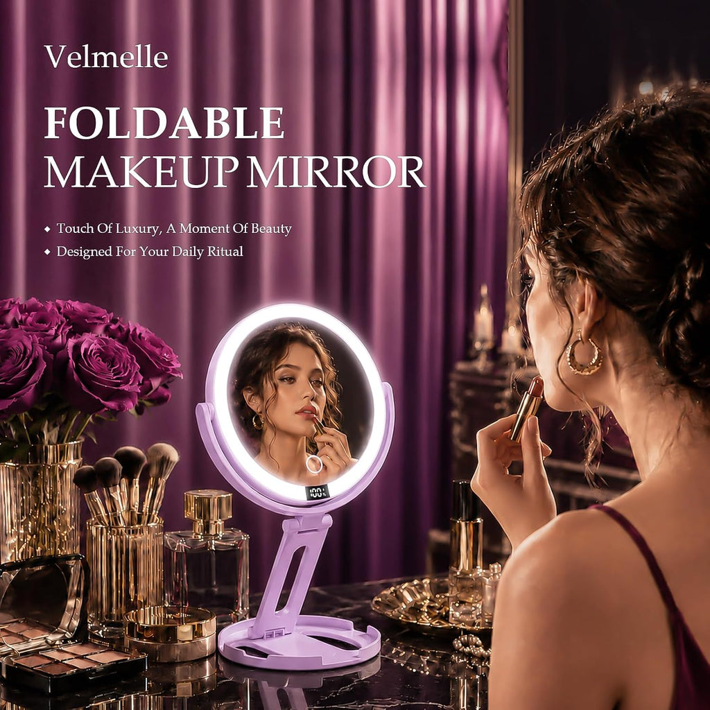 Espejo de maquillaje de viaje con luces, espejo de aumento de doble cara 1X