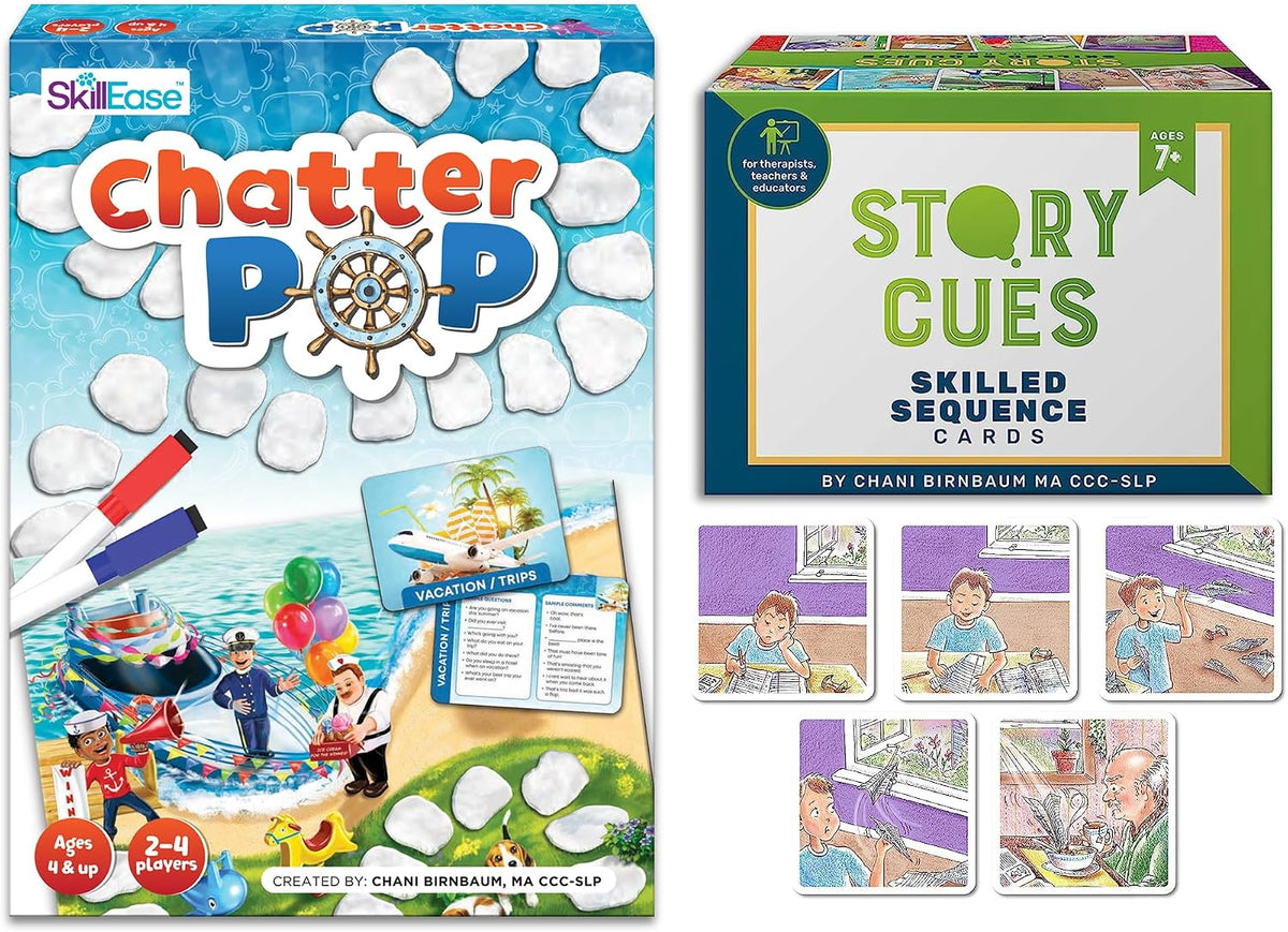 SkillEase Paquete de Chatter Pop y Story Cues, tarjetas de secuenciación, material de terapia del habla, tarjetas de conversación, para desarrollar habilidades sociales