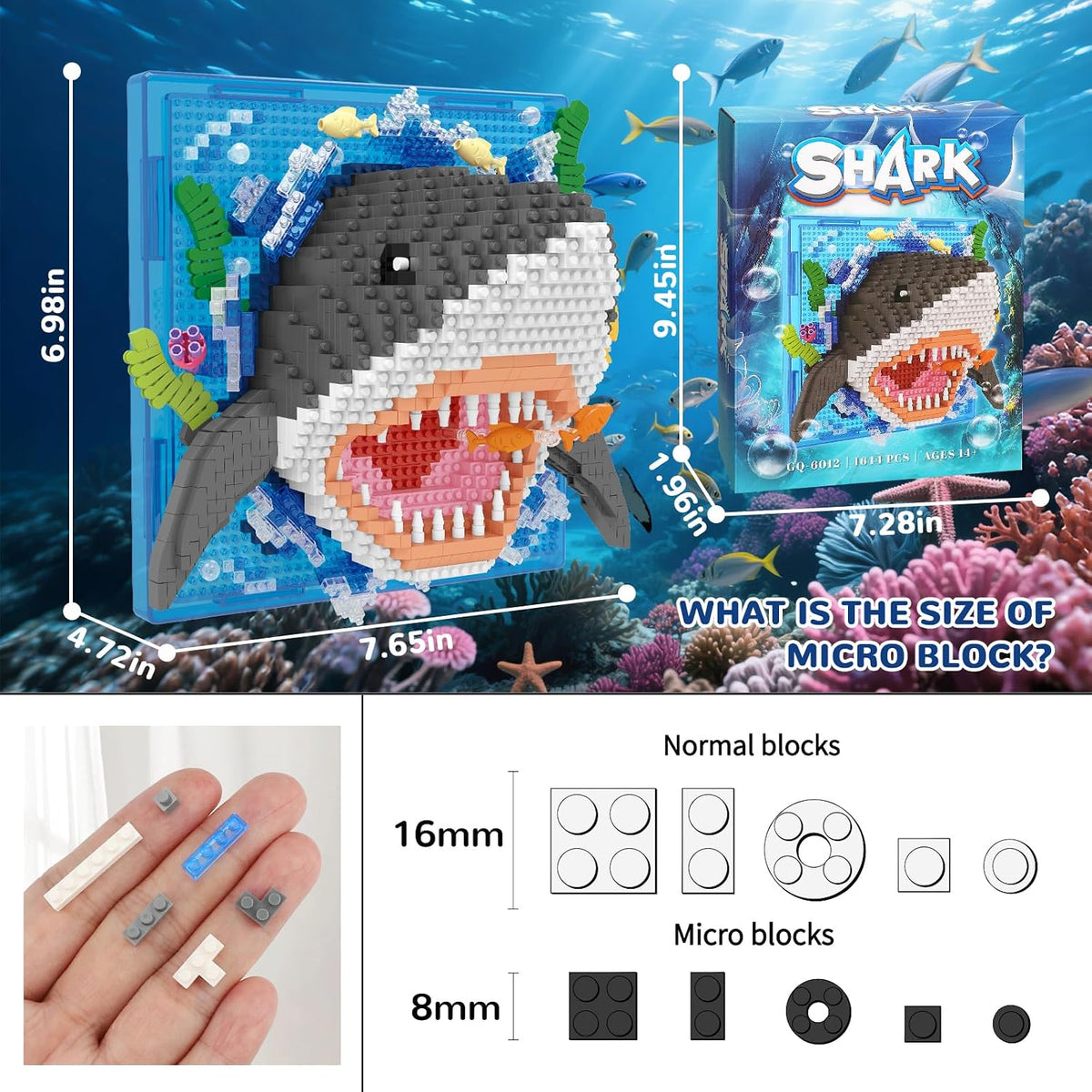 Juego de microbloques de construcción de diseño de animales de tiburón 3D, decoración única de pared para el hogar o exhibición de mesa, no compatible con Lego, juguete de regalo ideal para adultos y niños y niñas de 14 años en adelante (1644 piezas)