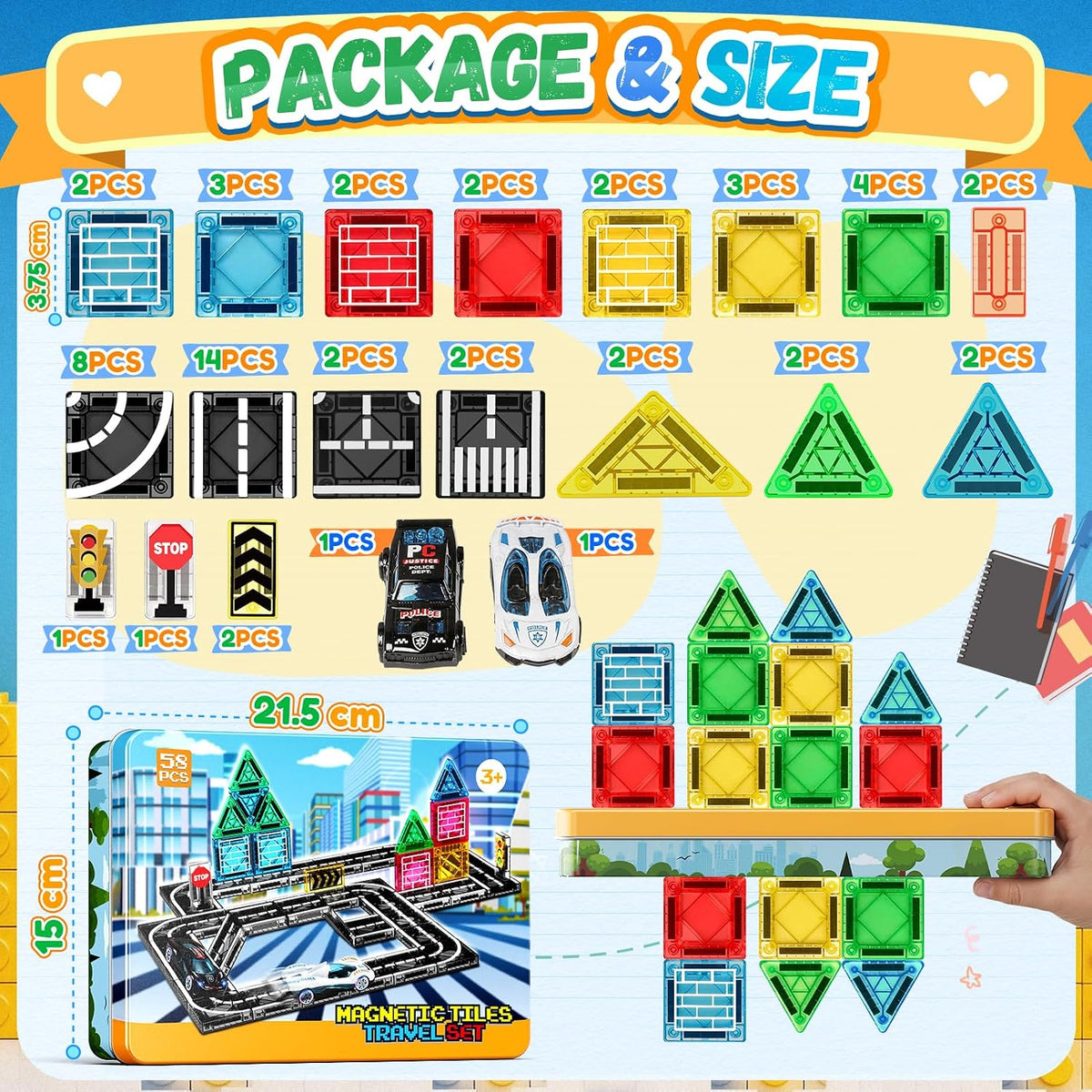 Azulejos magnéticos, juego de carretera, bloques de construcción de viaje con 2 autos y caja de metal, mini azulejos magnéticos para exteriores, juguetes de construcción para niños, regalos