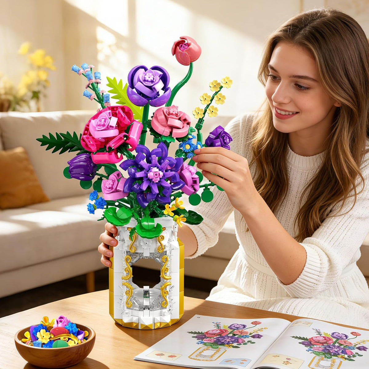 CUBIMANA Juego de construcción de ramo de flores con luz LED y jarrón