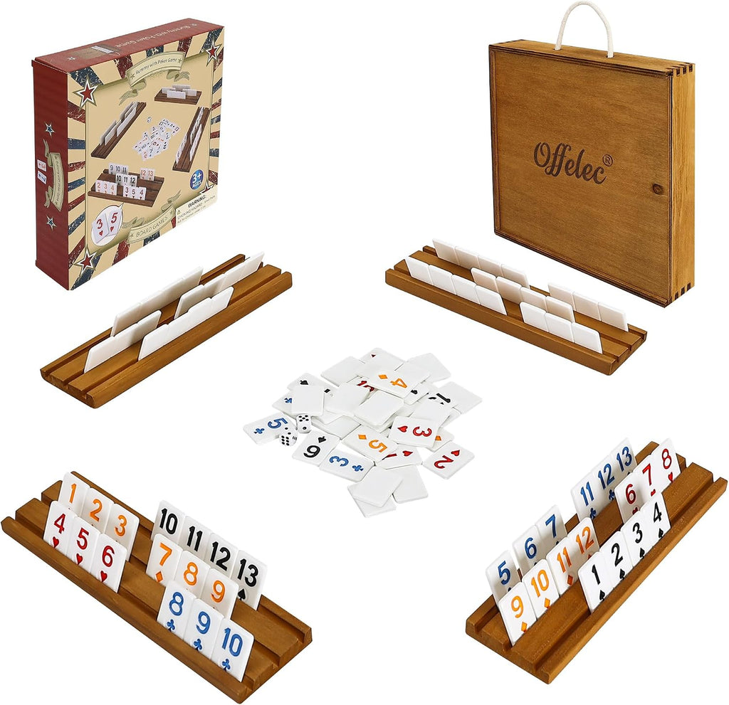 Juego de cubo Rummy con traje de póquer, juego de Rummy portátil incluye caja de madera, 4 estantes de madera, 106 fichas grandes de números, juegos de mesa clásicos para 2-4 jugadores, regalo