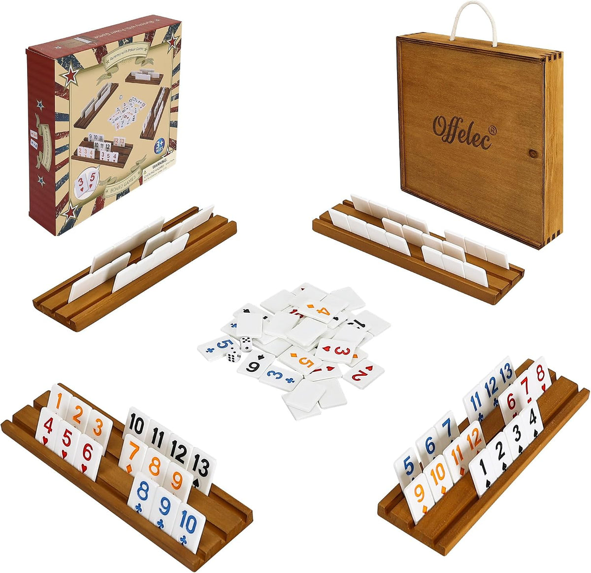 Juego de cubo Rummy con traje de póquer, juego de Rummy portátil incluye caja de madera, 4 estantes de madera, 106 fichas grandes de números, juegos de mesa clásicos para 2-4 jugadores, regalo