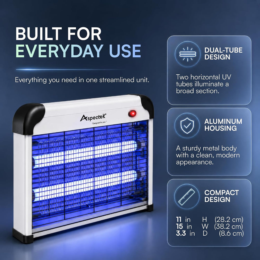 ASPECTEK Exterminador de insectos eléctrico de 20 W, mata insectos para interiores y exteriores cubiertos, trampa para mosquitos, moscas y polillas con malla protectora y cadena colgante para una
