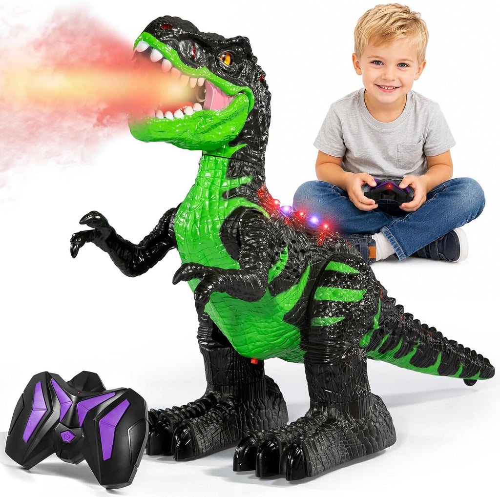 Juguete de dinosaurio a control remoto para niños de 3-5, 5-7 años, juguete robot de dinosaurio T-rex para caminar a control remoto con aerosol de niebla de agua, luces y sonidos, batería recargable