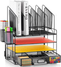 Lámpara Marbrasse Desk organizer with Drawer, 4-Tier Mesh File Organizer with 5 Vertical File Holders and 2 Pen Holders, Multifunction Desktop Organizer,Desk Organizers and Accessories for Home Office