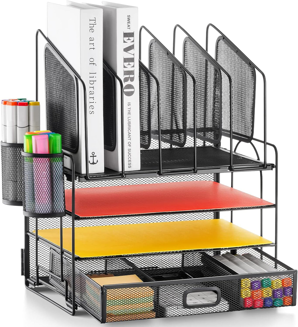 Lámpara Marbrasse Desk organizer with Drawer, 4-Tier Mesh File Organizer with 5 Vertical File Holders and 2 Pen Holders, Multifunction Desktop Organizer,Desk Organizers and Accessories for Home Office