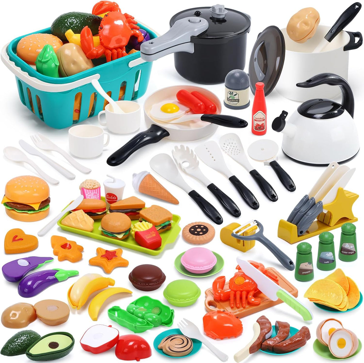 HOLYFUN 74PCS Accesorios de cocina para niños con comida de juego y cesta