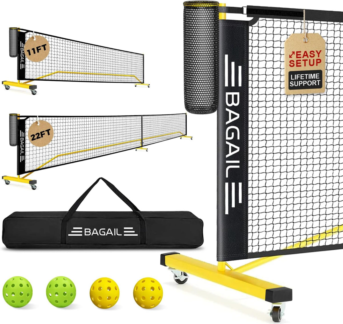 BAGAIL Portátil Set de Red de Pickleball, 22 FT Tamaño reglamentario de red de pickleball con recogedor de pelotas, 4 pelotas y bolsa de transporte, montaje fácil para exterior interior en la entrada