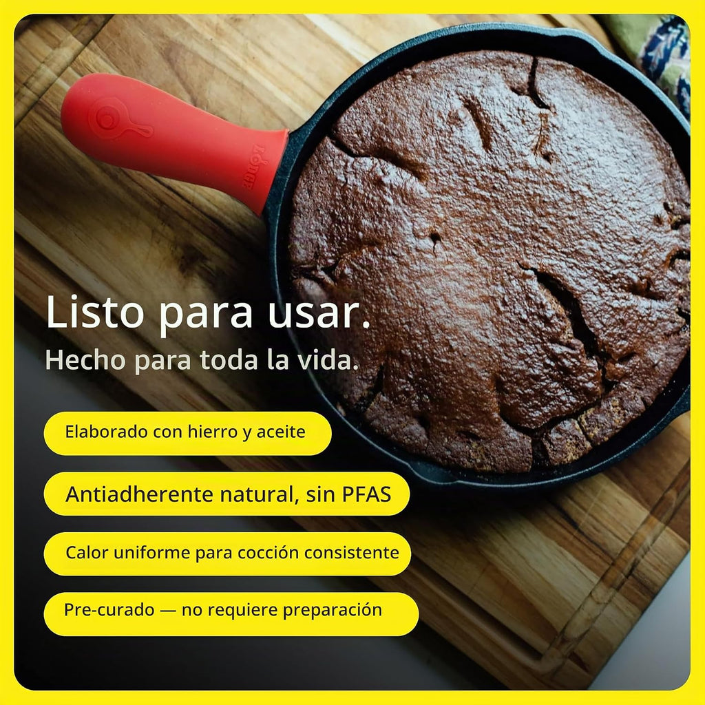 Sartén de hierro fundido Lodge con minimango rojo de silicona de 8 pulgadas