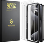 ImpactStrong 3-Pack Protector de Pantalla de Vidrio Templado a prueba de golpes para iPhone 15 Pro [Marco de Instalación Fácil] [Sin Burbujas] [9H de Dureza] [Cobertura Total] Amigable con funda, 6.1 Pulgadas