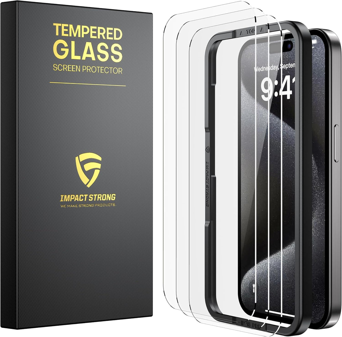 ImpactStrong 3-Pack Protector de Pantalla de Vidrio Templado a prueba de golpes para iPhone 15 Pro [Marco de Instalación Fácil] [Sin Burbujas] [9H de Dureza] [Cobertura Total] Amigable con funda, 6.1 Pulgadas