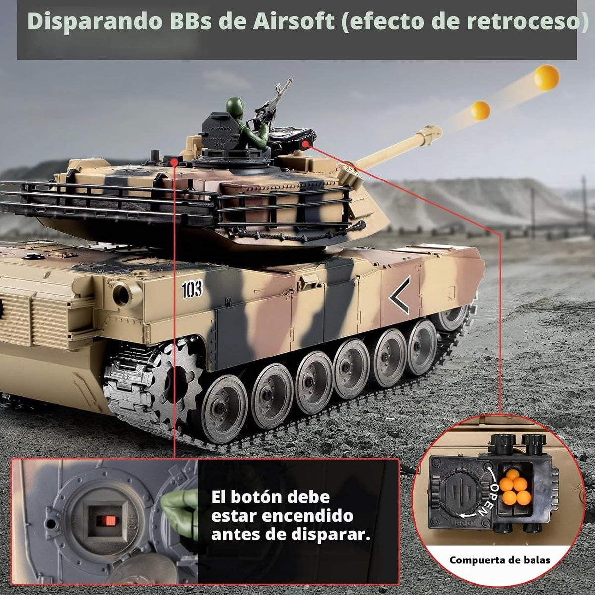 1:18 RC Tank, 2.4G US Metal M1A2 tanque de control remoto que dispara juguetes modelo BBS, juguete militar con humo, luces, sonido y retroceso, vehículo militar RC para niños de 8 años en adelante