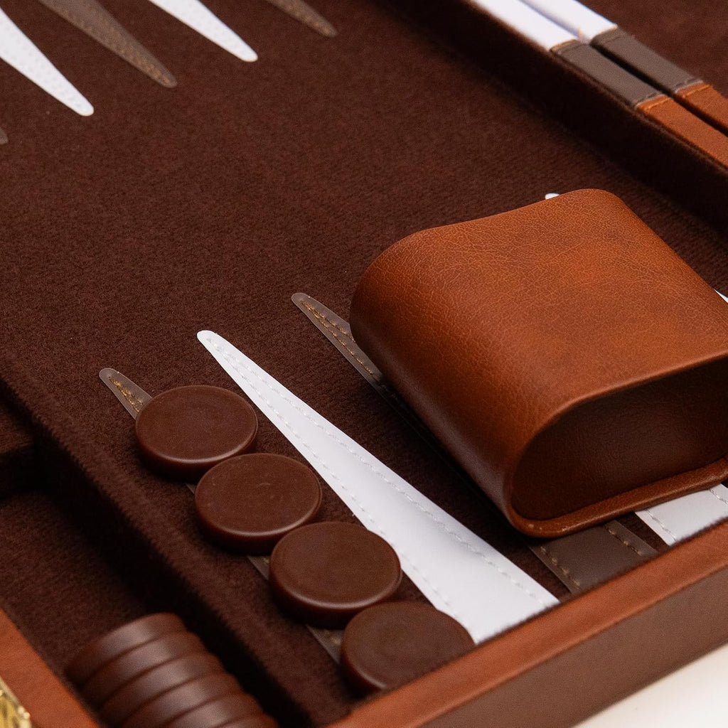 Juego de mesa de backgammon, estuche tipo cuero de lujo, interior de fieltro, marrón, juego clásico de backgammon, juego de mesa popular, juegos de mesa (mediano (15"))