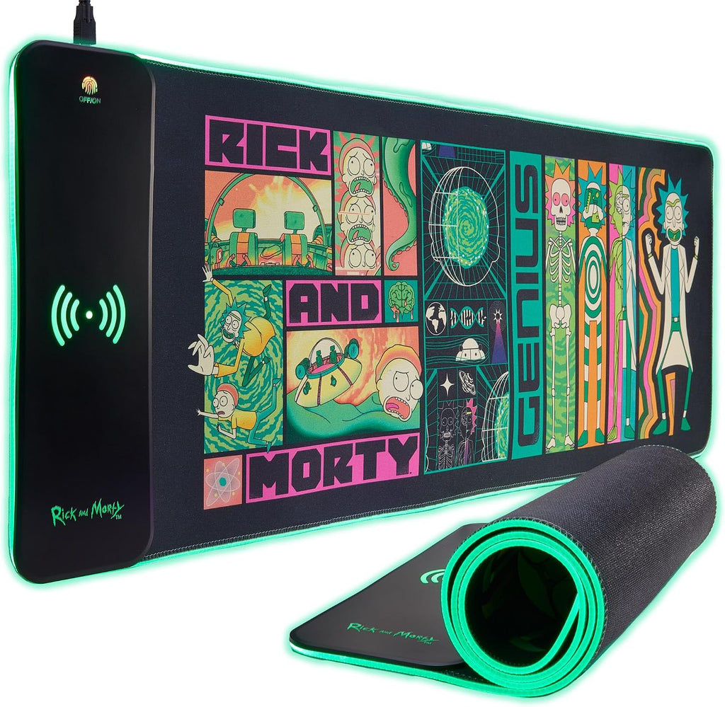 Rick & Morty XL Tapete de Juego RGB con Cargador Inalámbrico de 15W | ILuminación LED Personalizable, Antideslizante, Resistente a derrames