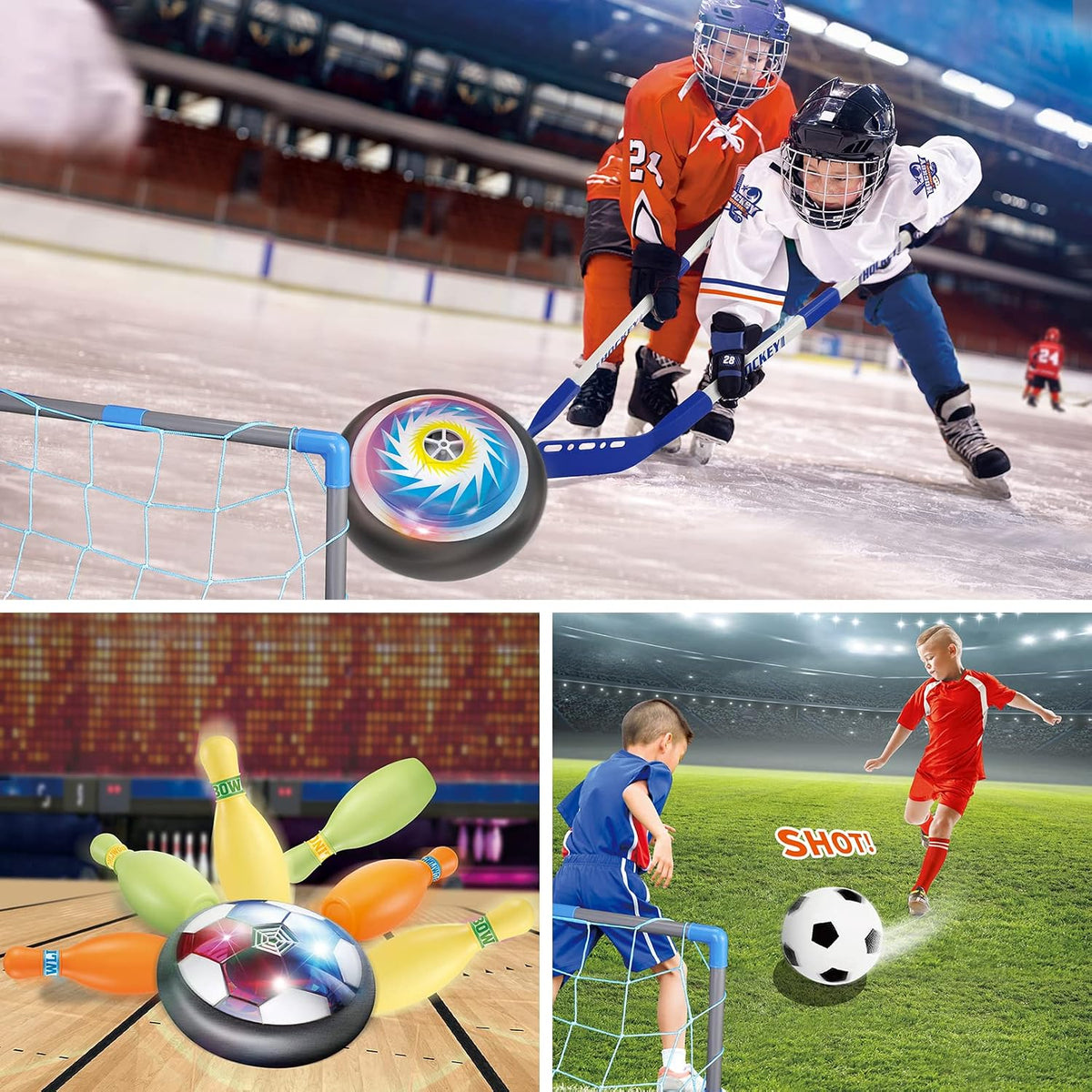 HopeRock Pelota de Fútbol Flotante 3 en 1 Juego de Hockey y Bolos, Juguetes de Interior y Exterior para Niños de 3-12 Años, Juguetes de Exterior con Luces LED, Regalos de Navidad y Cumpleaños para