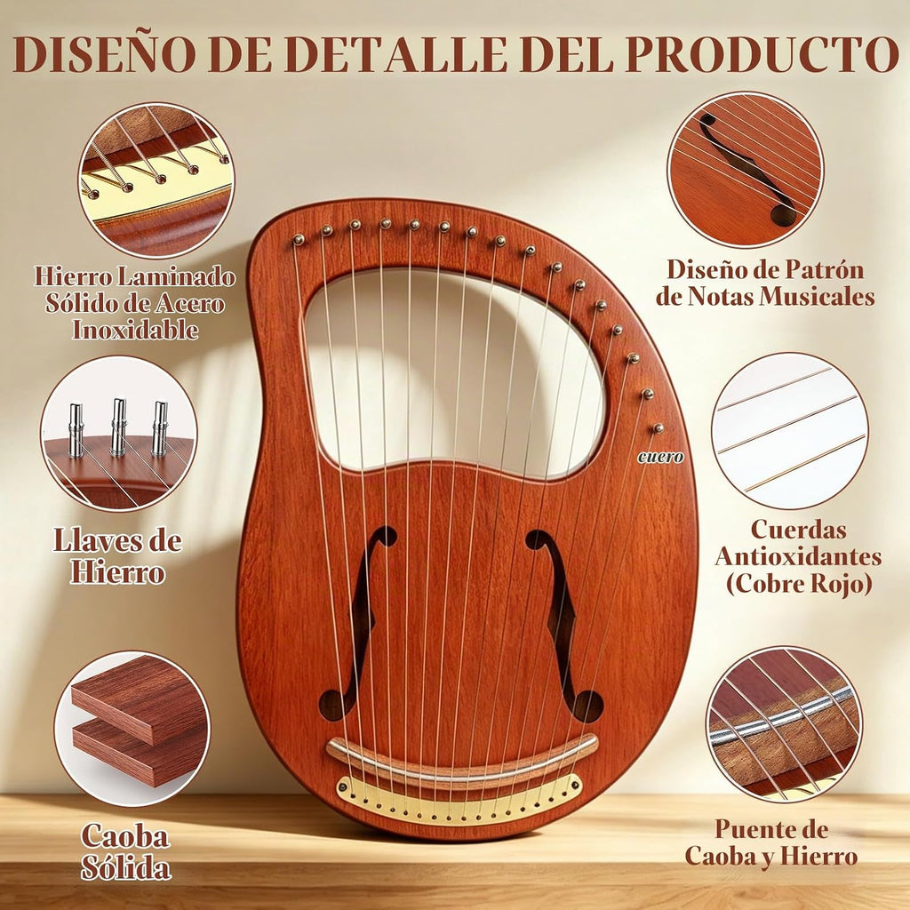 Lotkey Lyre Harp, 16 Cuerdas de Metal, Silla de Hierro, Lejía de Arpa en Nogal con Llave de Afinación, Extracción de Cuerdas, Manual y Bolsa de Gig