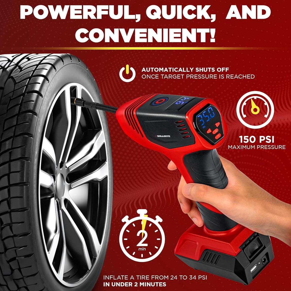 BULLSEYE PRO - Inflador de neumáticos con manómetro, compacto y por...