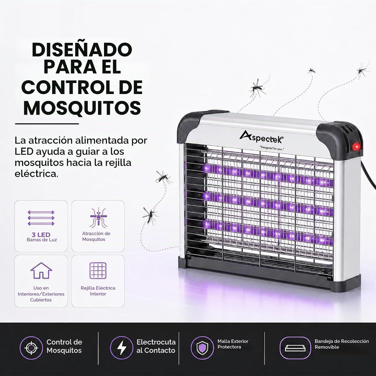 Lámpara ASPECTEK Exterminador de insectos LED de doble espectro para interiores, rejilla eléctrica de alto voltaje para mosquitos y moscas, 3 lámparas LED UV de larga duración de 395 nm, mata mosquitos