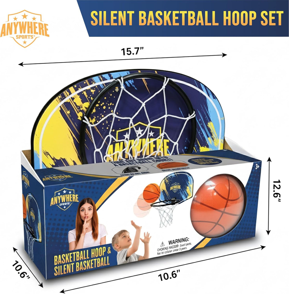 Juego de baloncesto silencioso y aro – Sobre la puerta, juego silencioso para niños, fácil montaje con clip, incluye baloncesto de espuma de 6 pulgadas