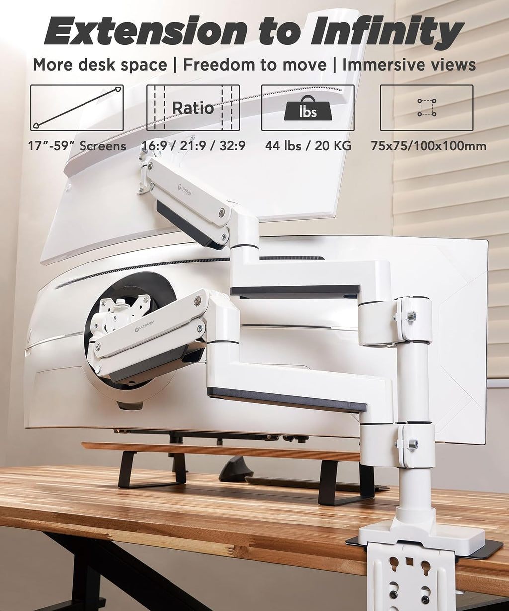 Brazo de monitor dual resistente para monitores ultraanchos de hasta 57 pulgadas y 44 libras, soporte de monitor doble para monitor doble de 49 pulgadas vertical apilado en altura ajustable - Montaje VESA de 100 x 100, blanco, MA20PW-D