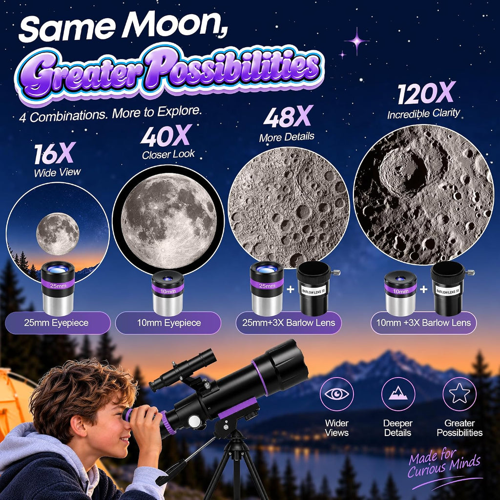 Telescopio para niños de 8 a 12 años y adultos, refractor de 3.150