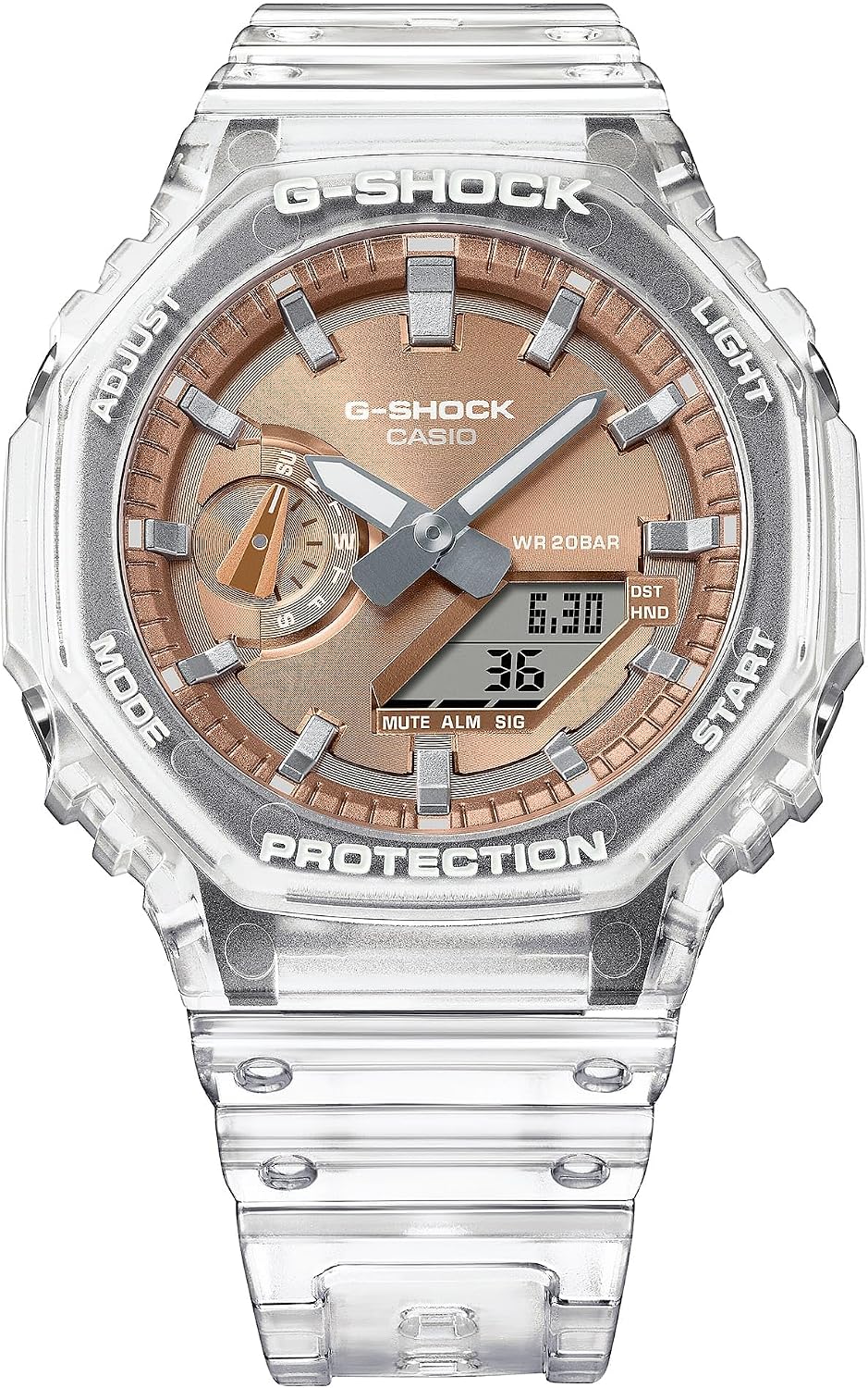 Casio G-Shock GA2100BM-7A5 - Reloj octagonal de resina translúcida con esfera de oro rosa