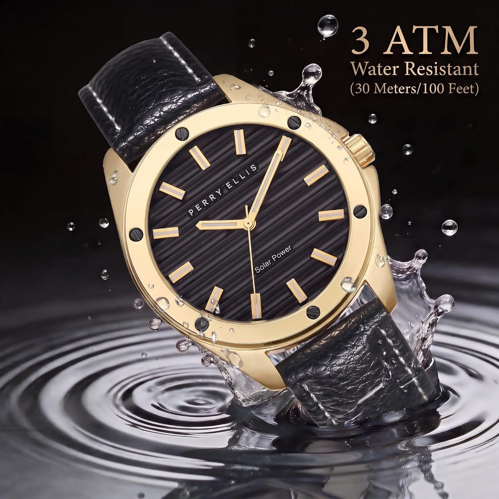Perry Ellis Reloj para hombre con energía solar, reloj analógico de cuero vegano resistente al agua para hombre, caja de 1.654 in, relojes para hombre, regalo elegante para hombre