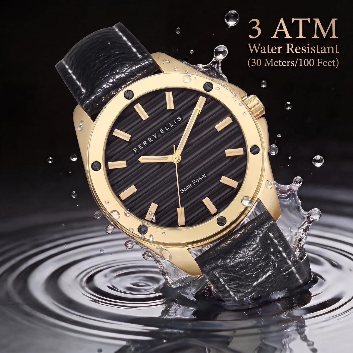 Perry Ellis Reloj para hombre con energía solar, reloj analógico de cuero vegano resistente al agua para hombre, caja de 1.654 in, relojes para hombre, regalo elegante para hombre