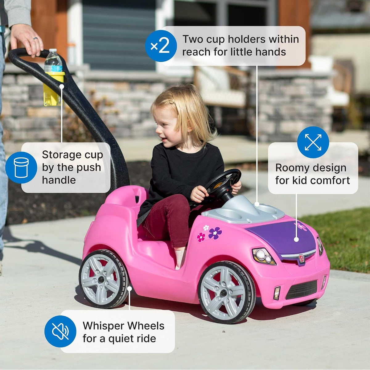 Step2 Whisper Ride II Kids Push Cars, Ride en Car, Seat Belt, Horn, Toddlers Ages 1.5 – 4 Years Old, Max Weight 50 lbs., Quick Storage, Stroller Substitute, Pink