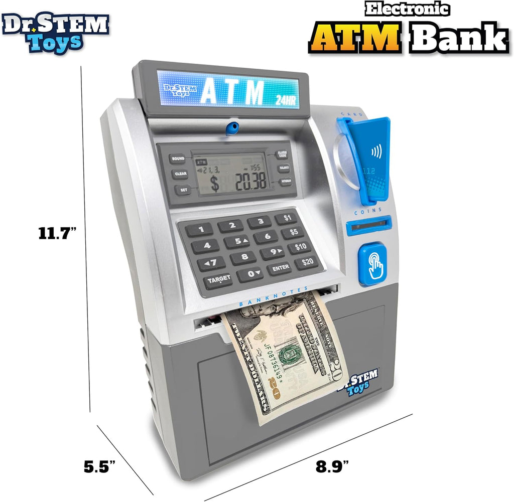 Caja de ahorros de cajero automático para niños – hucha electrónica con alimentador de billetes, contador de monedas y LCD – juguete educativo STEM para niños de 5 a 12 años