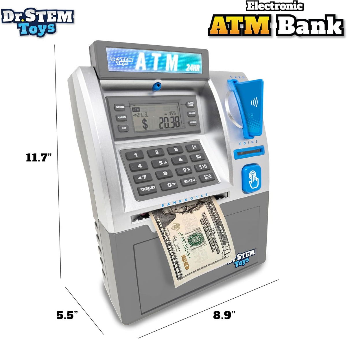 Caja de ahorros de cajero automático para niños – hucha electrónica con alimentador de billetes, contador de monedas y LCD – juguete educativo STEM para niños de 5 a 12 años