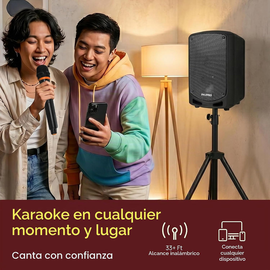 Pyle Sistema de Altavoces PA Bluetooth Portátil - Sistema de Sonido de Karaoke para Interiores y Exteriores con Micrófono Inalámbrico, Grabación de Audio, Batería Recargable, Lector USB/SD, Soporte de