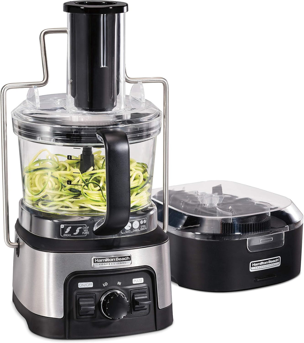 Hamilton Beach Professional Stack & Snap - Procesador de alimentos y espiralizador de verduras para rebanar, triturar y amasar, canal de alimentación extragrande de 3 pulgadas que cabe verduras