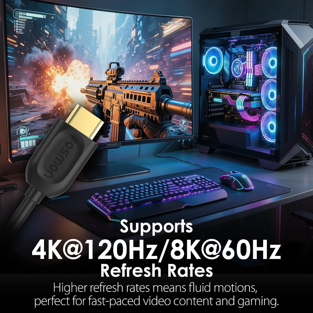 Fosmon - Cable HDMI de 8 K, 25 pies de largo, cable ultra-alta velocidad HDMI 2.1, 48 Gbps, 8 K a 60 Hz, 4 K a 120 Hz, compatible con TV UHD, HDTV, streaming, laptop, PC, monitor, proyector, Blu-ray