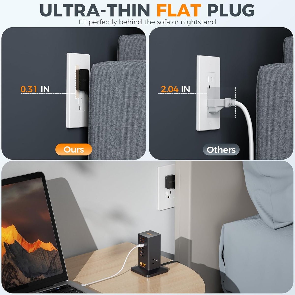 Estación de carga USB para múltiples dispositivos PD 65W, TESSAN 9 en 1 USB C Bloque de cargador para iPhone 16/15, MacBook, tableta, cargador de escritorio tipo C con 3 CA, accesorios de oficina de
