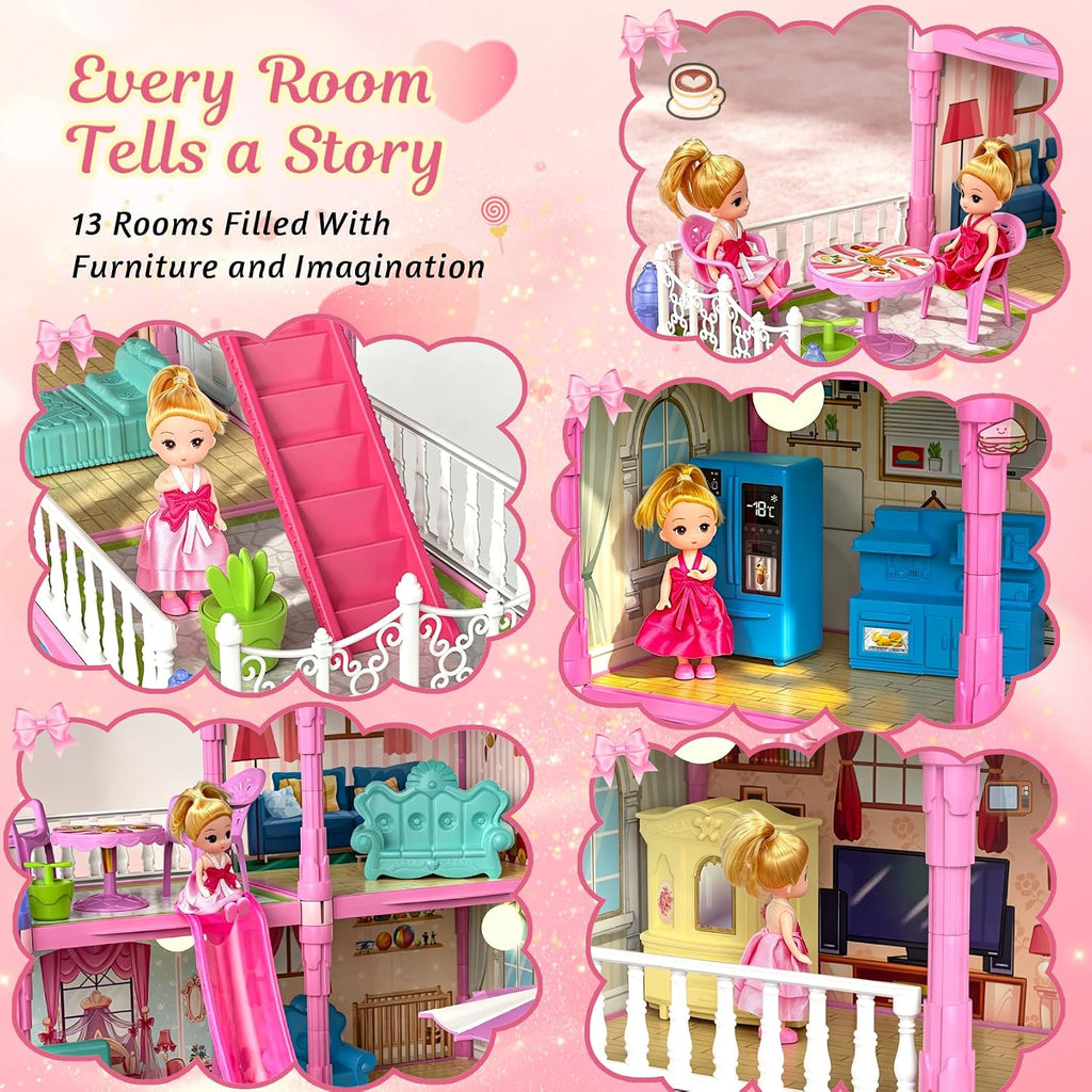Casa de muñecas de 13 habitaciones para niñas, casa de muñecas de ensueño