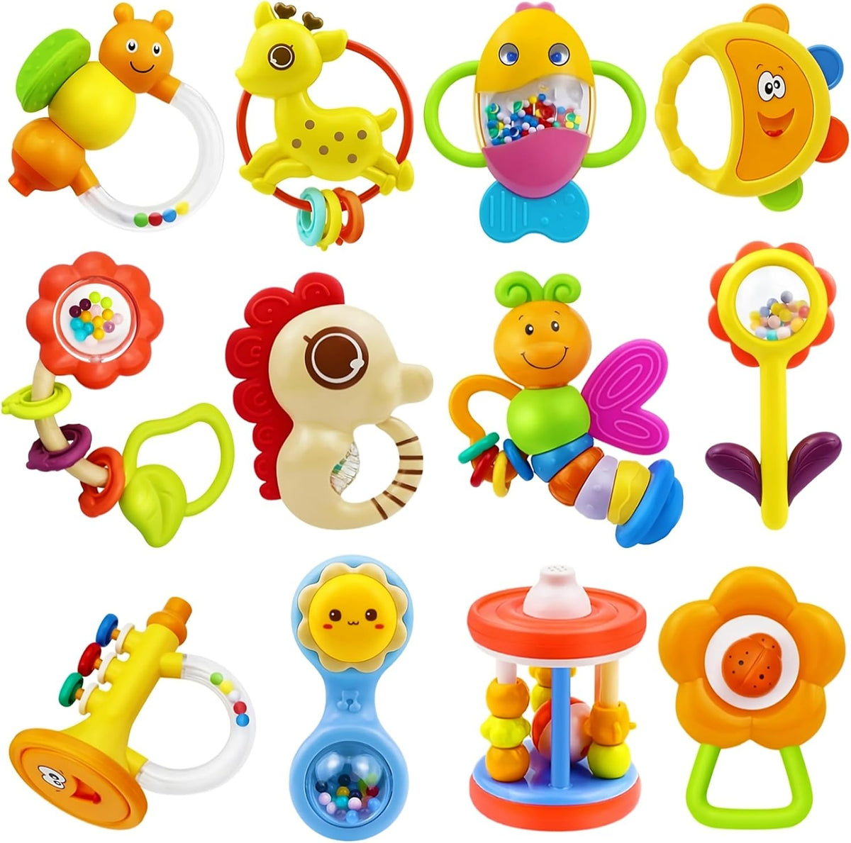 MOONTOY 12 sonajeros para bebés de 0 a 6 meses, juguetes de dentición de 3 a 6 meses, mordedores para bebés recién nacidos, juguetes de 6 a 12 meses, cesta de Pascua Montessori, regalos de 1 2 3 4 5 6