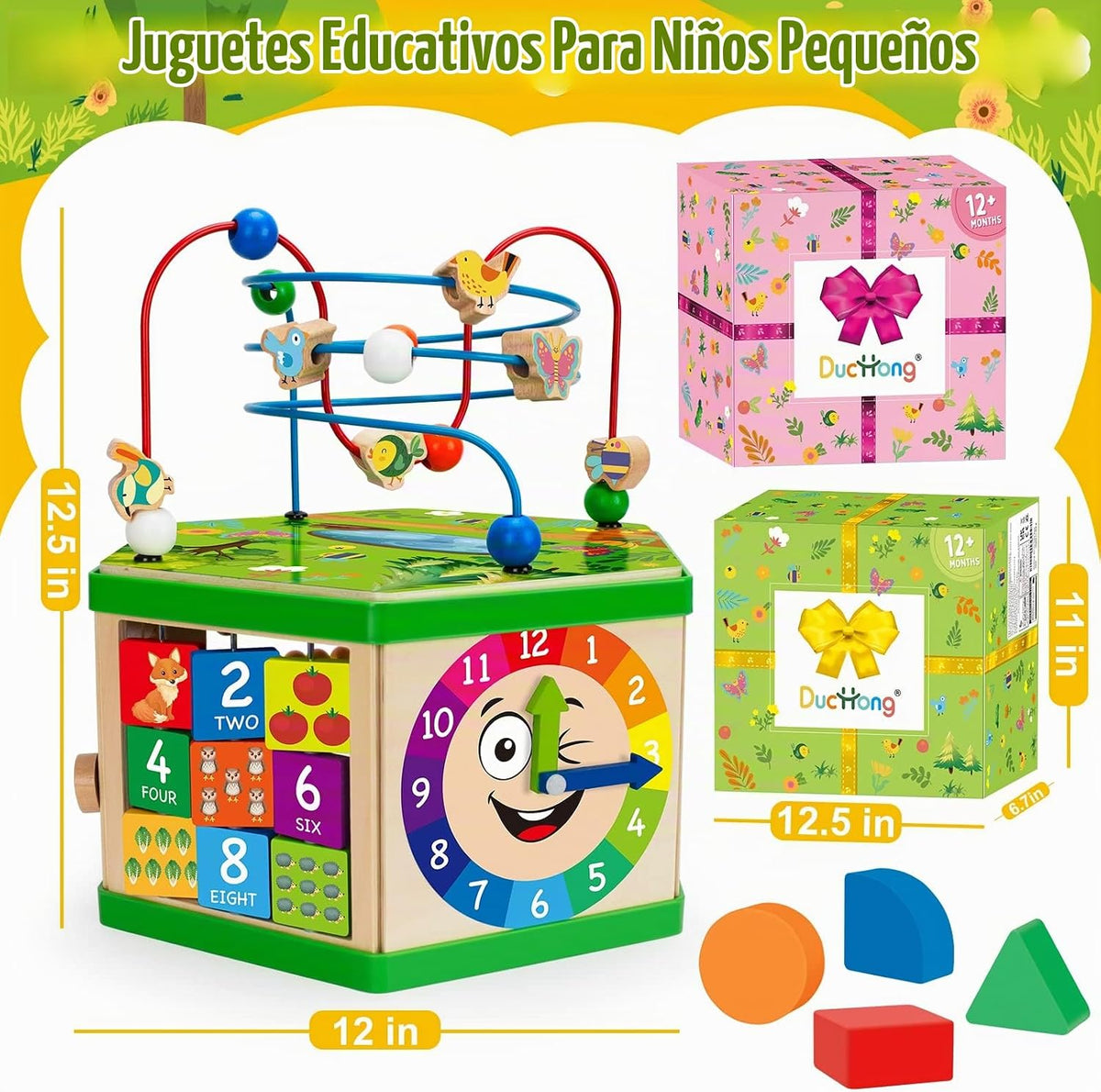 Cubo de actividades de madera para 1 año, 12-18 meses para niños y niñas, juguetes de aprendizaje Montessori STEM de 7 en 1 para niños de 1 a 2 años, ideal para regalo de primer cumpleaños para bebés