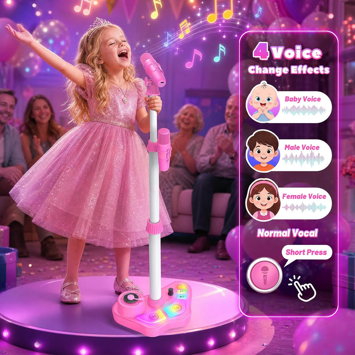 Máquina de karaoke recargable para niños con soporte ajustable, 3-5, 4, 6, 7, 8 años, micrófono inalámbrico, altavoz Bluetooth con 2 micrófonos, regalo de cumpleaños para niñas de 3 a 8 años