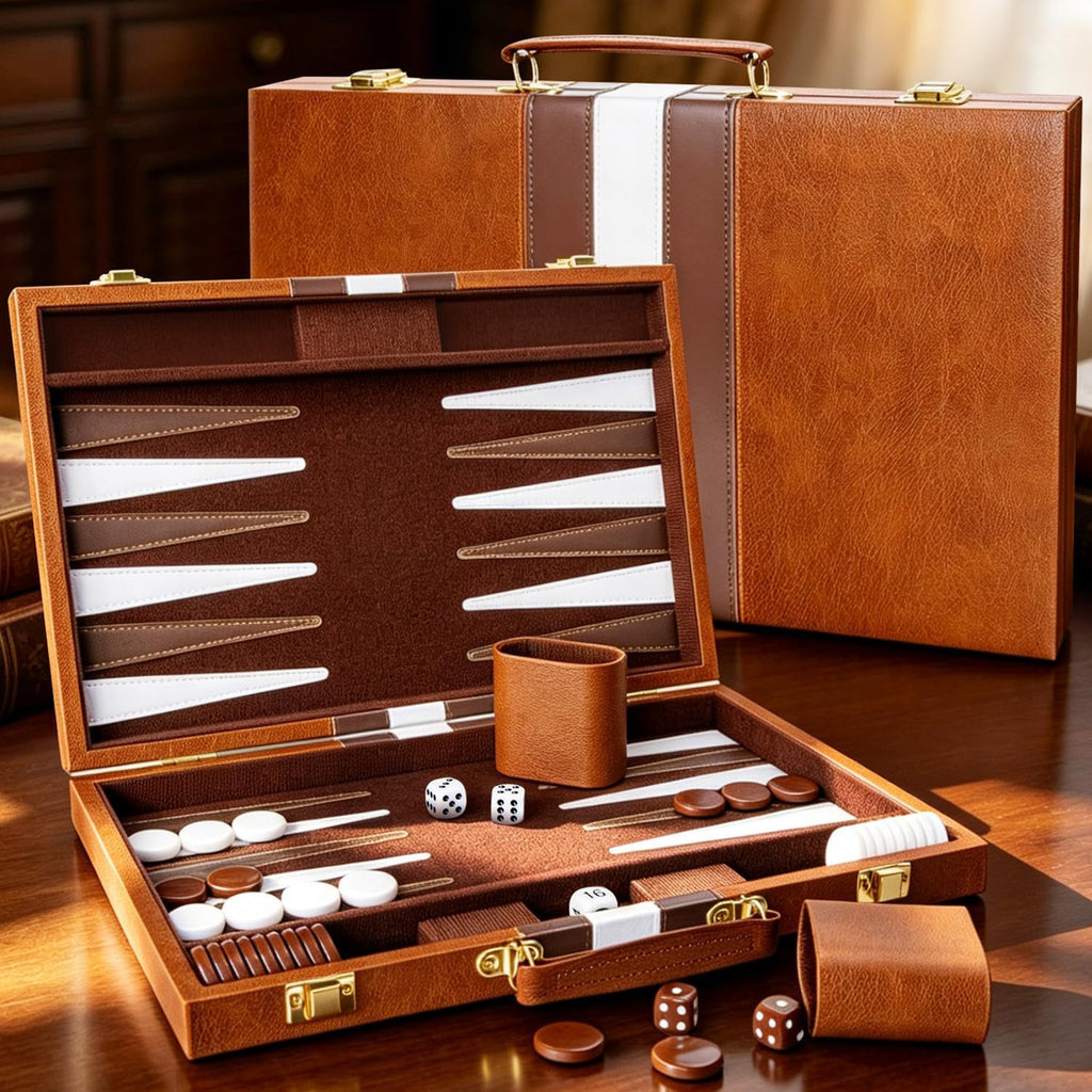 ARUOHHA Juegos clásicos de backgammon para adultos, funda de cuero de lujo, interior de fieltro, juego de backgammon portátil y de viaje, popular juego de mesa, marrón (15 pulgadas)