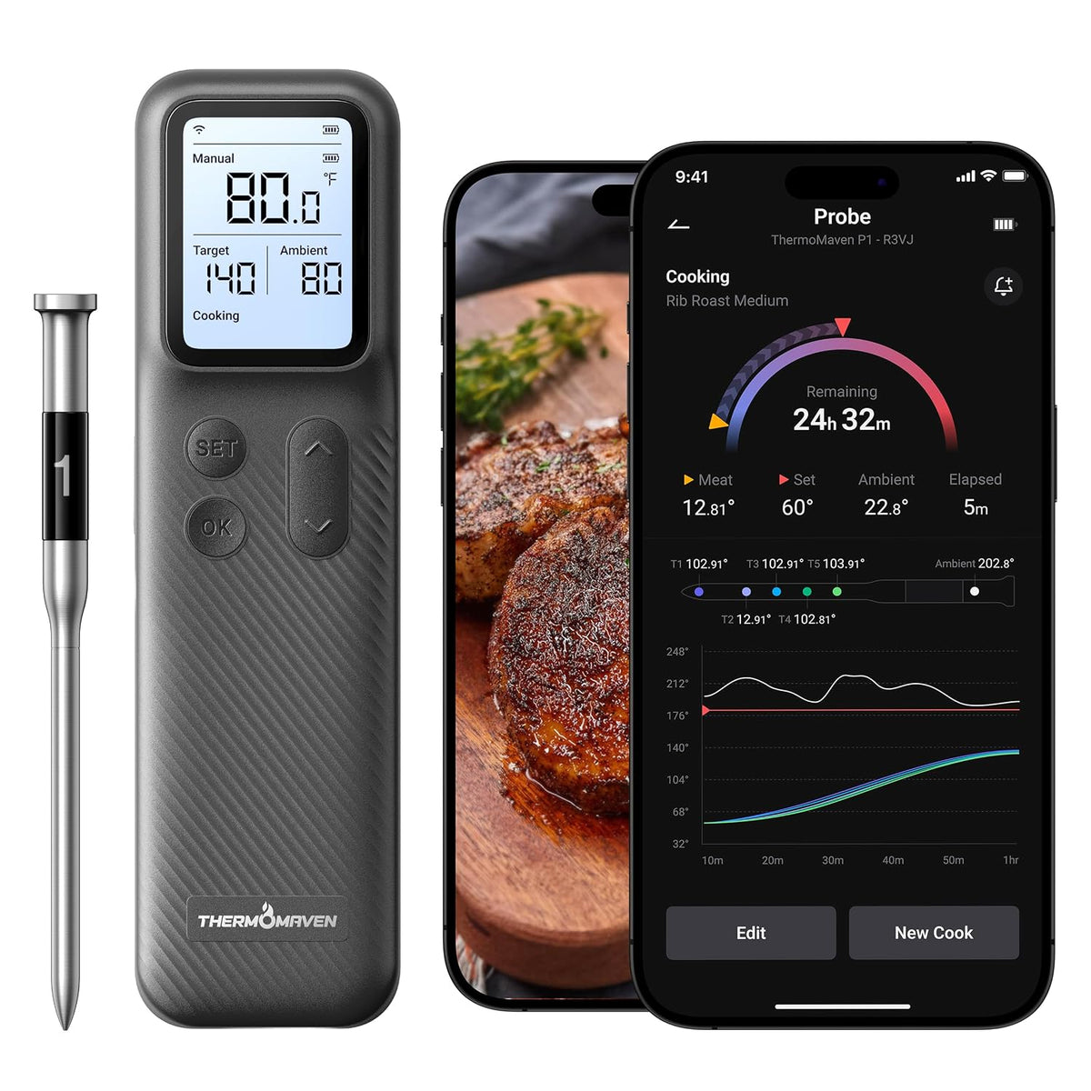 ThermoMaven Termómetro de carne inalámbrico Bluetooth inteligente con