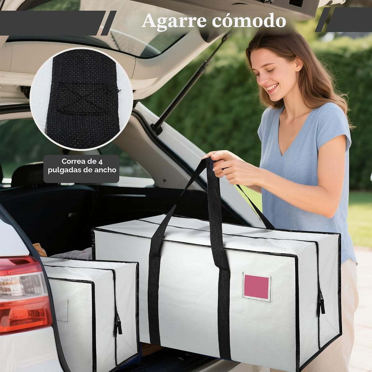 Paquete de 6 bolsas de mudanza resistentes de 210 GSM con cremallera lateral totalmente abierta, 93 L y 65 libras, impermeables, plegables para dormitorio universitario, alternativas de cajas de mudanza y organización del hogar, color blanco