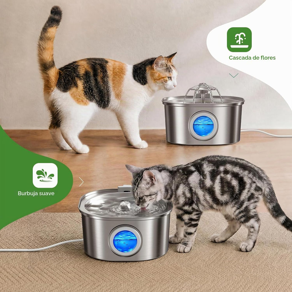 PEKTACO Fuente de Agua para Gatos, 3.2L Acero Inoxidable para Mascotas, 1 Filtro