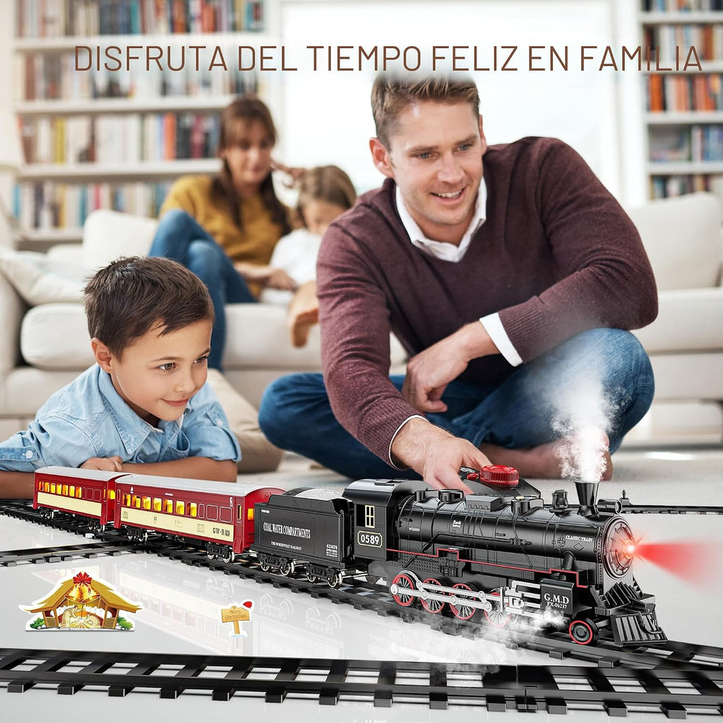Hot Bee RC Train Set, Alloy Steam Locomotive con Light-Up Cars y Tracks