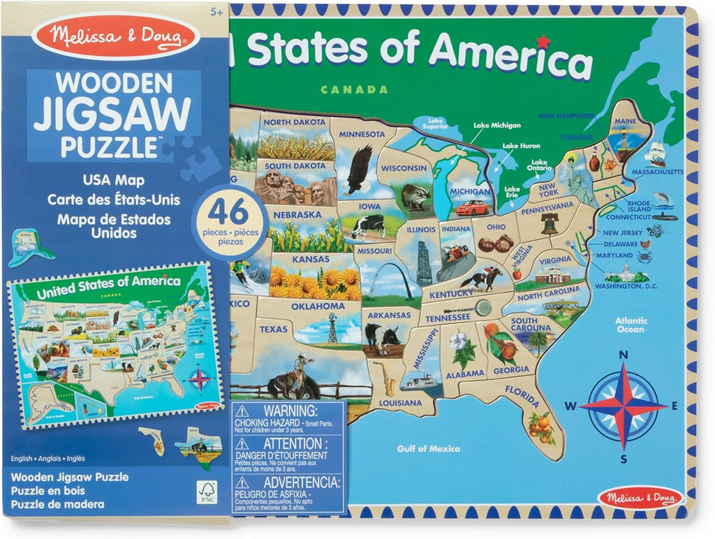 melissa & doug USA mapa rompecabezas de madera, Versión estándar, Multicolor