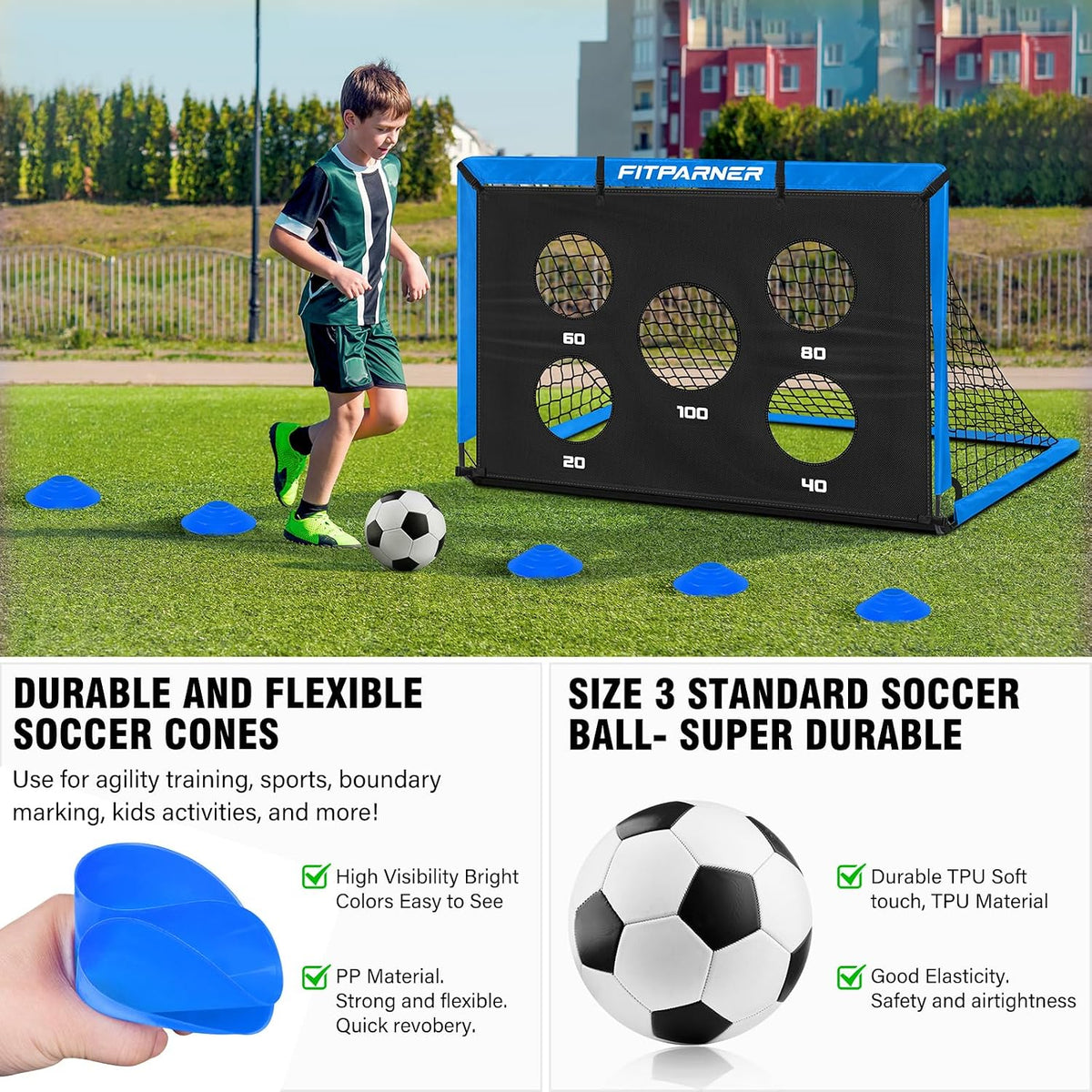 Portería de fútbol, portería de fútbol para niños en el patio trasero, 2 unidades, redes de fútbol portátiles de 4 x 3/6 x 4 pies con objetivo, pelota y conos, equipo de entrenamiento de